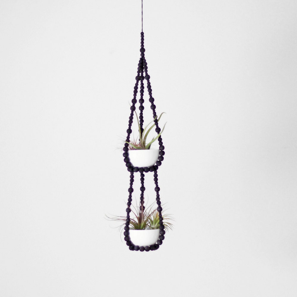 Small Tiered Beaded Hanging Planter with Cups / Scandinavian Modern Plant Hanger / Hand Dyed Wood Beads