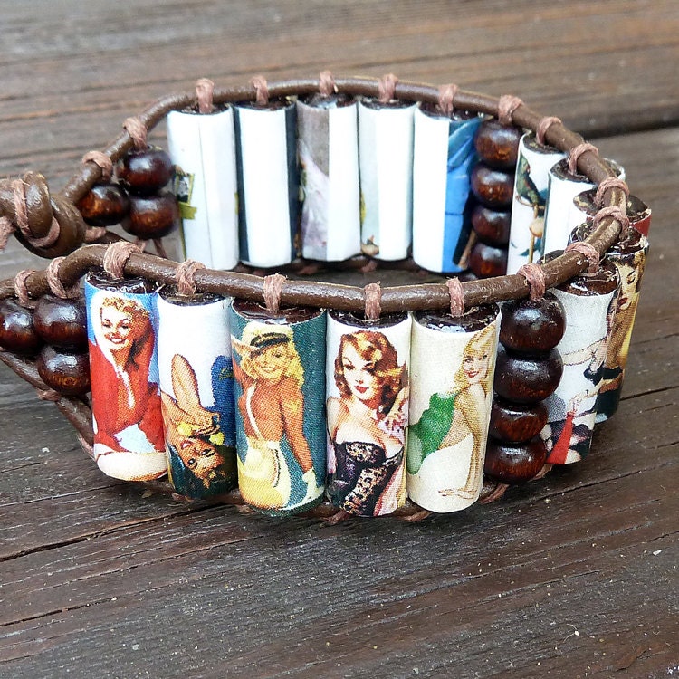 Pinup Girls Cuff Bracelet - Brown Leather, Wood