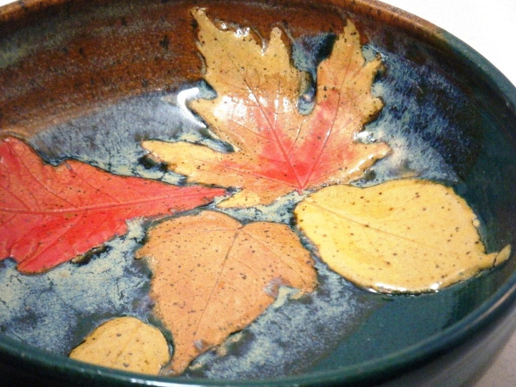 Autumn Leaf Bowl with Fall Red Oak  and Orange Maple Leaves in Spruce Green and Brown