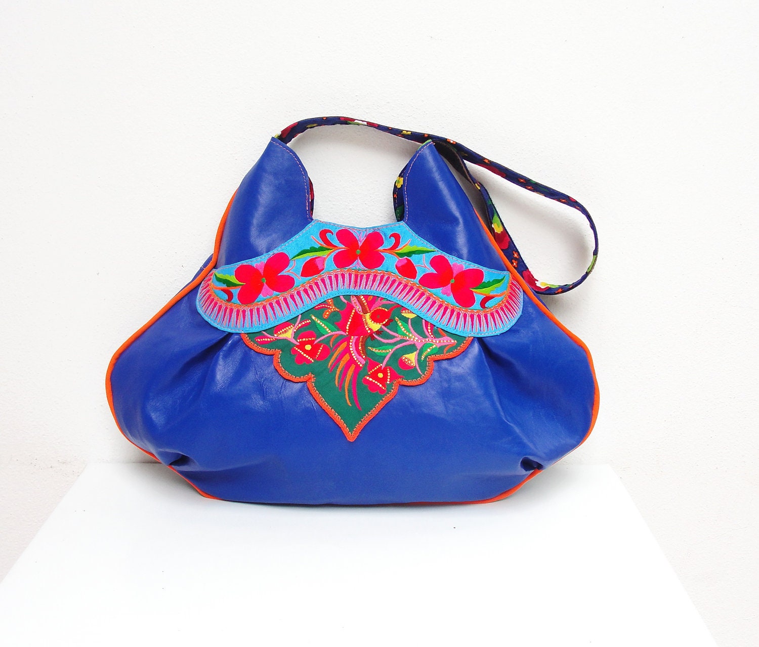 Vintage Embroidery and Leather Bag - Large Blue Boho Purse