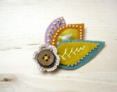 Woodland Brooch - Colorful Embroidered Felt Pin with Applique and Felt Leaves