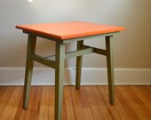 Vintage Habitant Knotty Pine Wood Table in Tangerine Orange and Avocado Green.  Mid Century.  Gorgeous Side Table. Design 3X53.