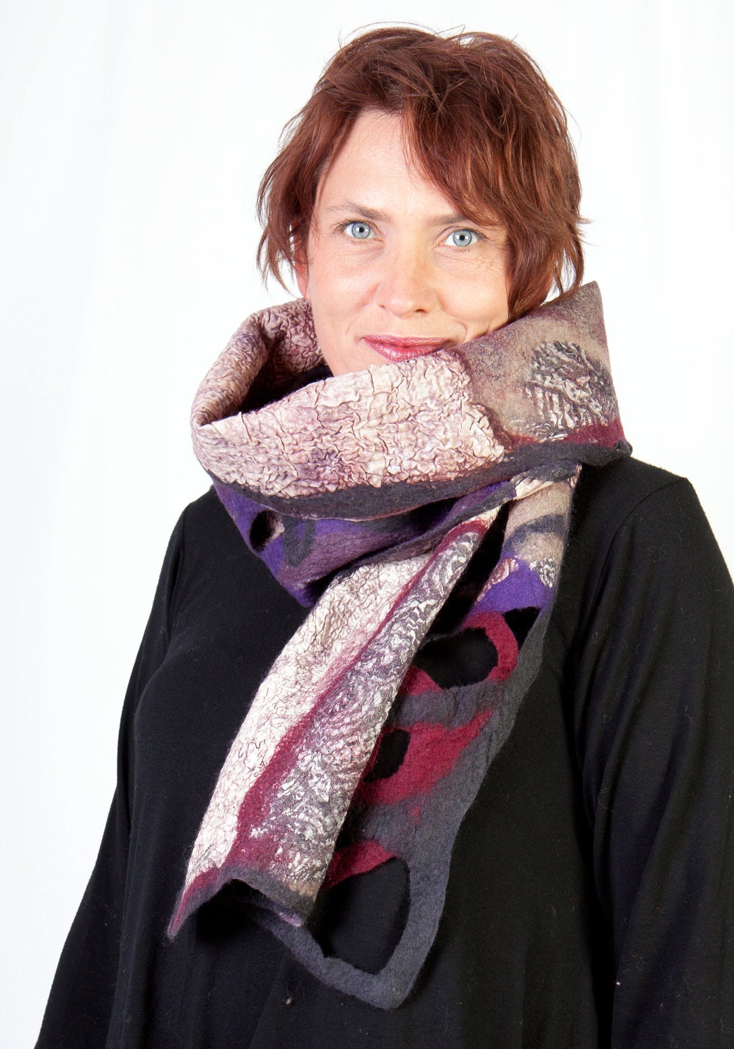 XL patchwork nuno felt scarf, autumn winter shawl, arty felt accessories, ooak felted neckwarmer,  Christmas gift