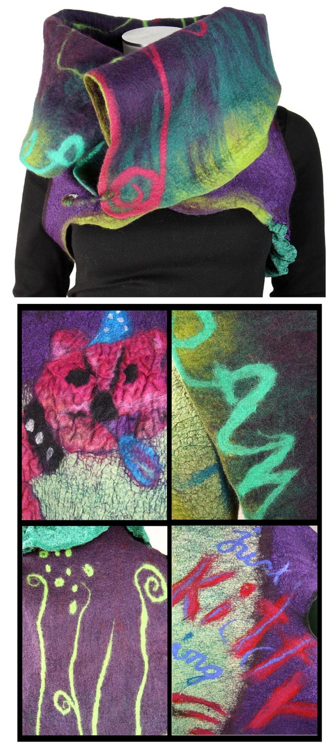 Fairy masterpiece nuno felt vest,  high fashion bolero, convertible shrug veste bolero,  pink cat , green,  purple,  stripes , ooak S to M