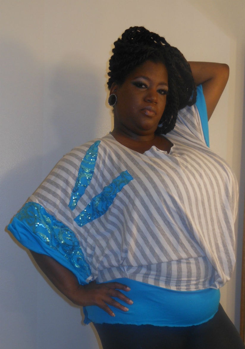 Myioko - Posh N Petals Grey and White  Knit  and Turquoise Sequin  Embellished Blouse - 1 X  - 2X Plus Size