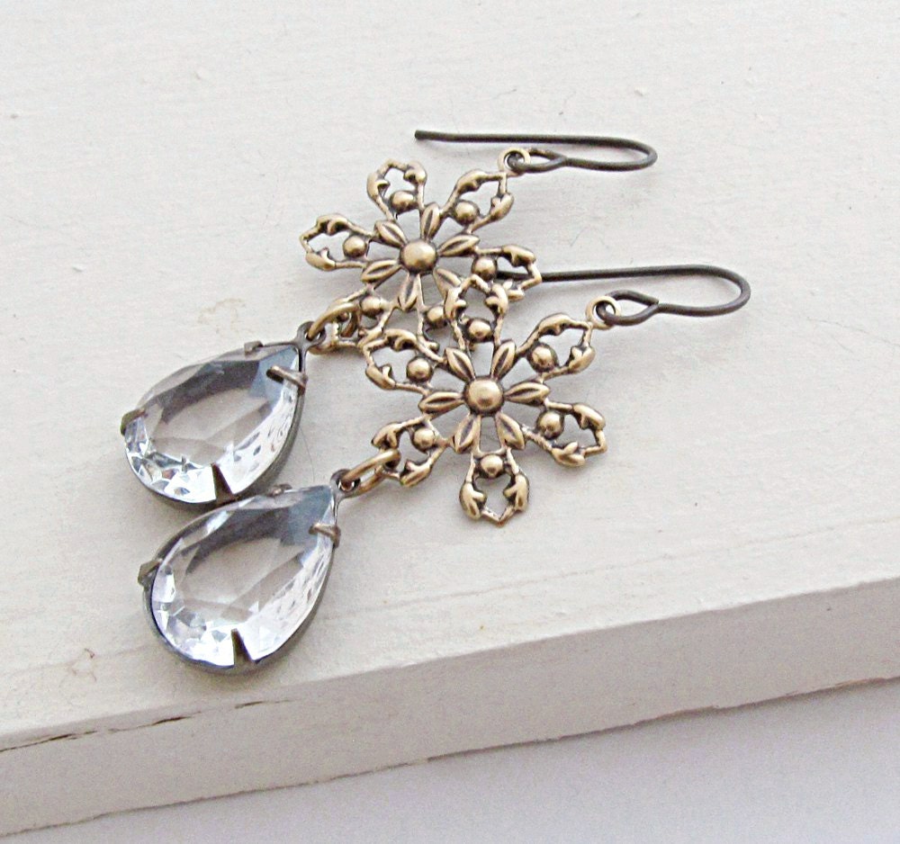 Snowflake Earrings Holiday Earrings Clear Rhinestone Earrings Vintage Teardrop Rhinestone Earrings Antique Brass Drop Earrings - Snow Queen