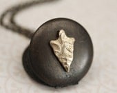 Small Arrowhead Locket Necklace, Long Chain Pendant, Dark Vintage, Gold Charm, Antiqued Brass, Two Tone Metal, Unique