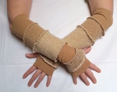 Beige Honey Gloves Mittens Fingerless Arm Warmers Recycled Sweaters Eco Friendly Funky Style Winter Fashion Upcycled Clothing