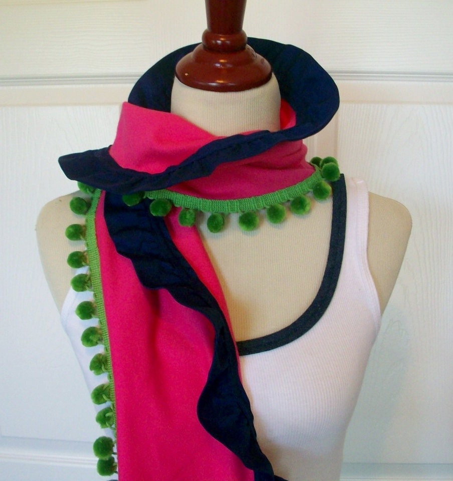 Ruffle Scarf in Pink with Lime Green Pom Poms and Navy Ruffle