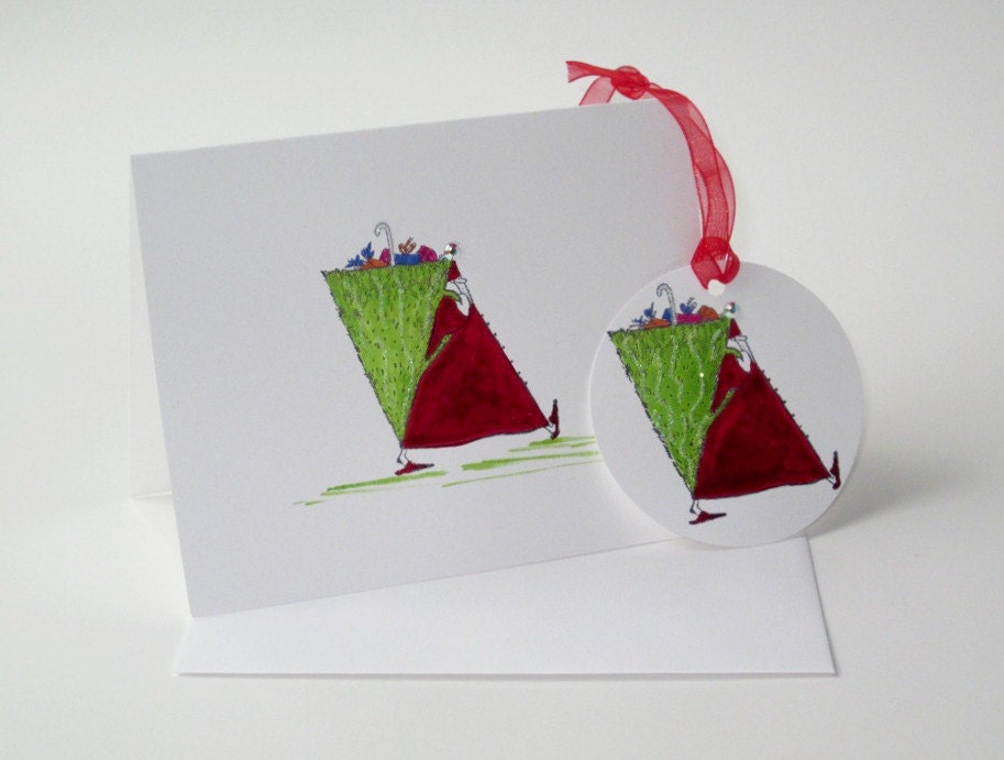 Luxurious handpainted sparkly Santa Claus Christmas card with matching gift tag ... Xmas greeting card