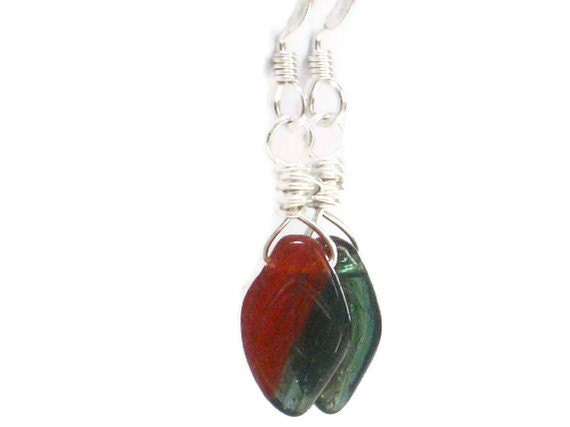 Christmas Earrings, Leaf Earrings Red Green Leaves, Sterling Silver Dangle Winter Fashion Gift For Her Under 20 Mistletoe