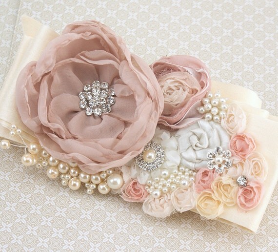 Bridal Sash- Wedding Sash in Blush Pink and Ivory with Dupioni Silk and Chiffon