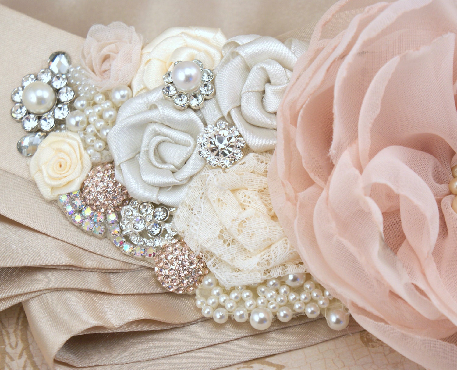 Bridal Sash - Sash in Blush Pink, Ivory, Champagne and Cream with Crystal Jewels, Ostrich Feathers and Handmade Flowers- Breath of Blush
