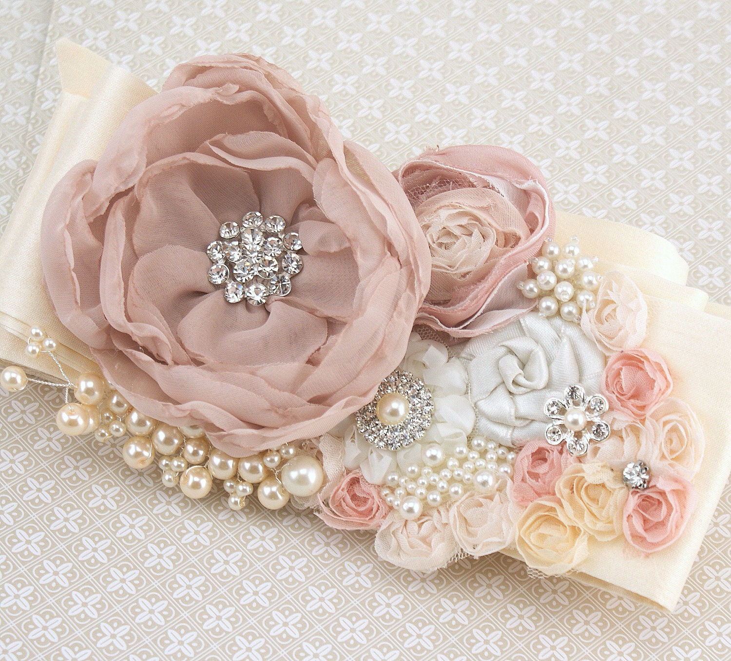 Bridal Sash- Wedding Sash in Blush Pink and Ivory with Dupioni Silk and Chiffon