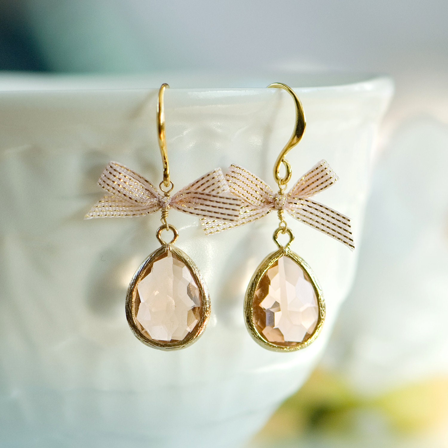Peach earrings, Peach ribbon earrings, bow earrings, bow drop earrings, Peach wedding, Pink jewelry, Peach Gold earrings, peach teardrop