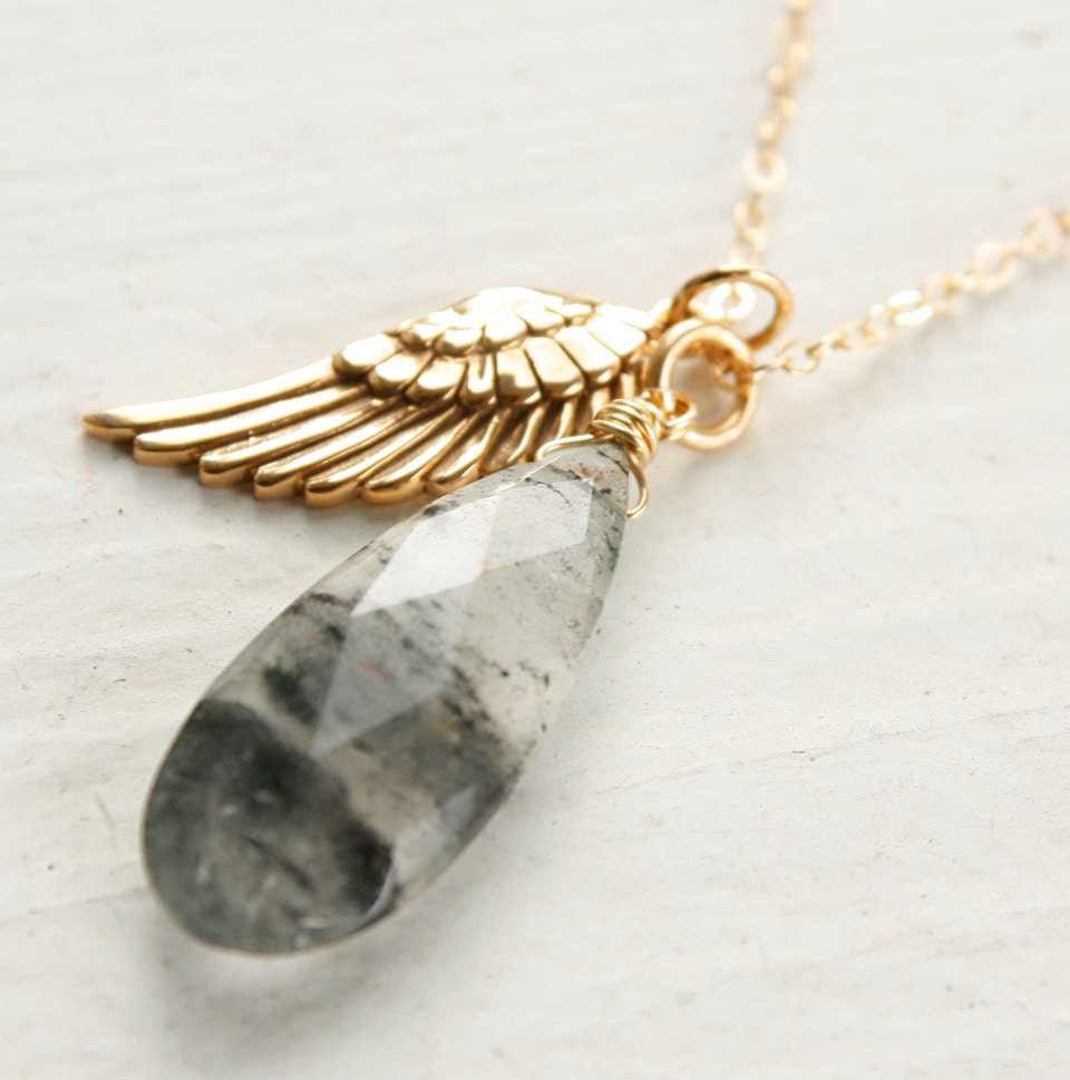 Black Rutile Quartz and Wing Charm Necklace - 14KT Gold Fill - Tourmalinated Quartz