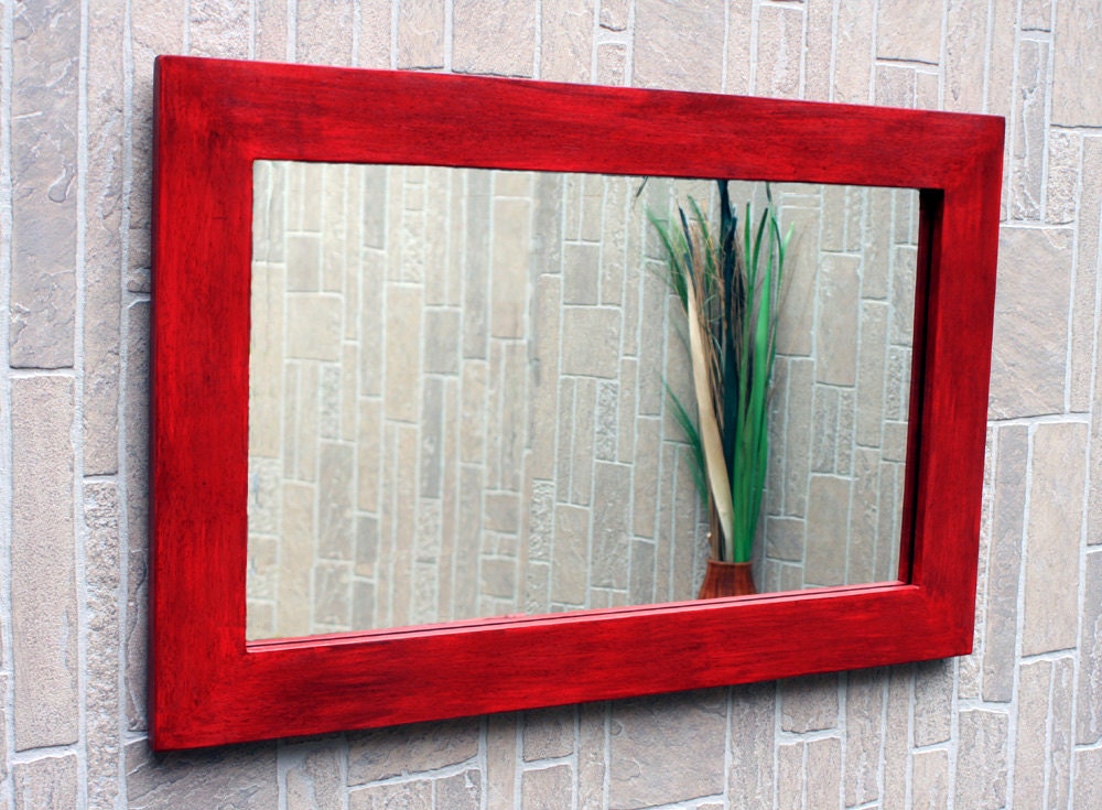 Framed Mirror, Antique Red Finish, 25 x 39 - Handmade