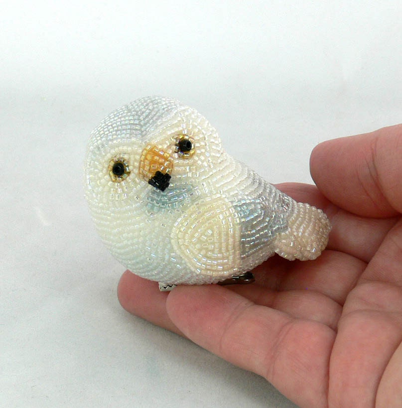 Snowy Owl Ornament White Beaded Clip On Decoration READY TO SHIP
