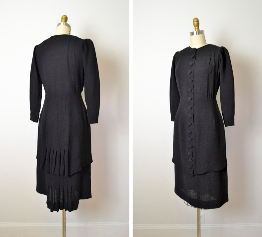 1930s dress / 40s Noir Rayon Crepe Art Deco Peplum Fish Tail Dress