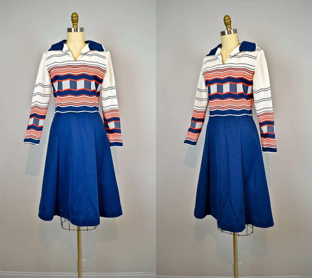 1970s Dress .  70s Striped Dress . Wide Collar Dress .  Mesh  .  Bleeker Street
