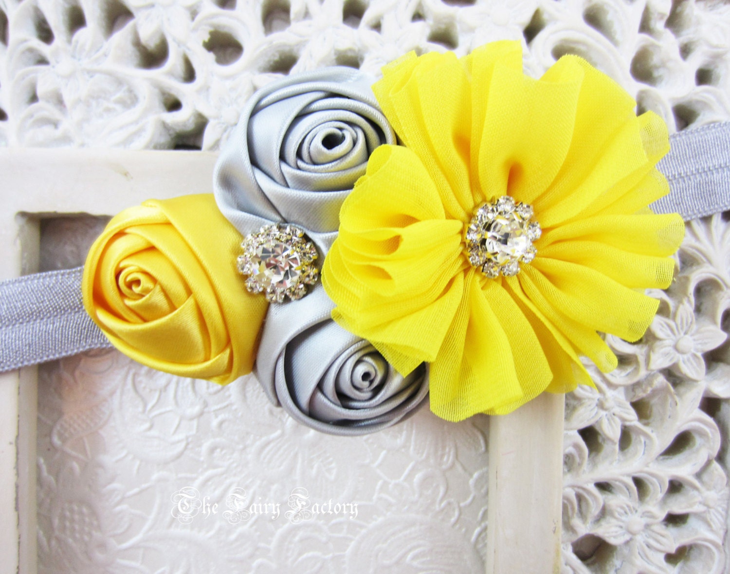 Gray and Yellow Headband, Satin & Chiffon Flower Cluster w/ Rhinestones Headband or Barrette, Photo Prop, Child Girls Headband