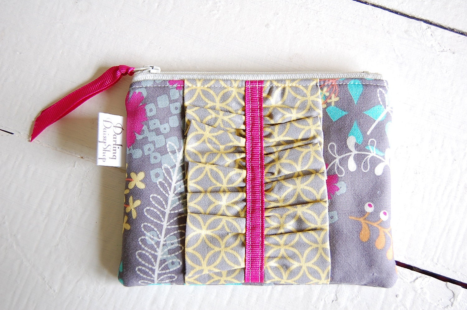 Handmade Ruffled Small Zip Pouch -  Gray Multi with Gray and Yellow Geometric Ruffle  READY TO SHIP
