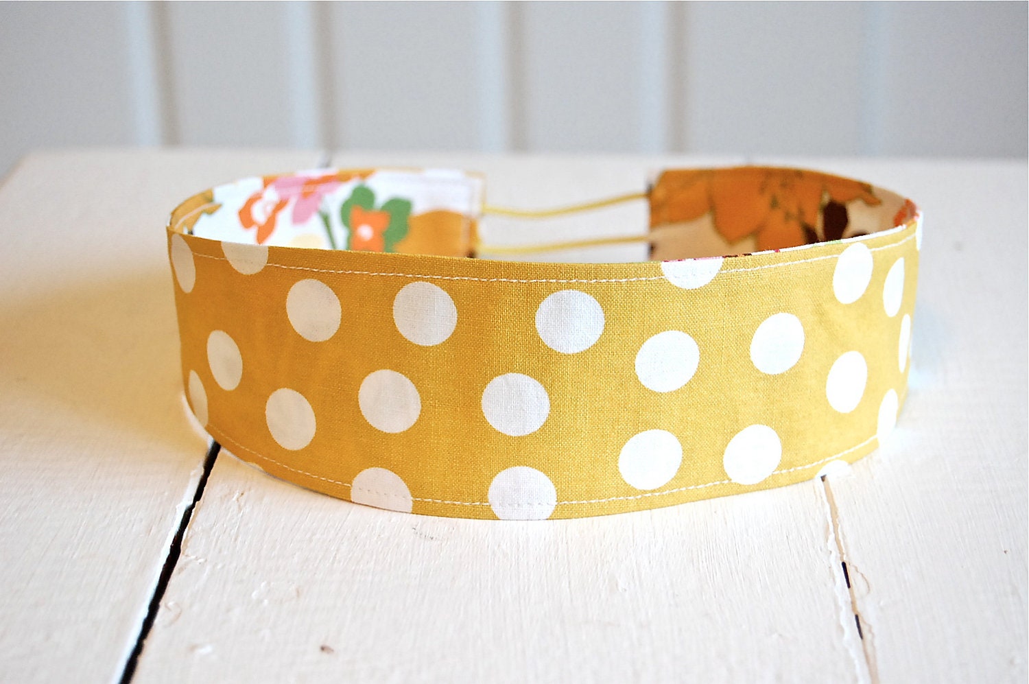 Wide Fabric Reversible Headband - Mustard and Cream Polka Dots with Autumn Botanicals