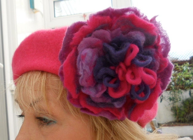 A  Bright Pink Woollen Beret with a Felted Detachable Rose Brooch in Pinks and Purples.. FREE Worldwide Shipping