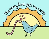 BOGO SALE - Blue Bird Kissing Pink Earthworm in the Morning Sun - 8 x 10 Art Print - The Early Bird Gets the Worm Kids Decor Love