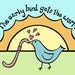 BOGO SALE - Blue Bird Kissing Pink Earthworm in the Morning Sun - 8 x 10 Art Print - The Early Bird Gets the Worm Kids Decor Love