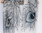Hand Painted Silk  Cotton Scarf  Peacock Feathers White  Black Gold Blue  Fashion 16 X 55 Present Luck Love  READY TO SHIP
