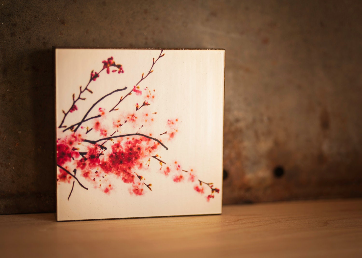 Wood Photo Block - Sakura - Uber Mini Block - wall decor - cherry blossom photography, blush pink, cherry red