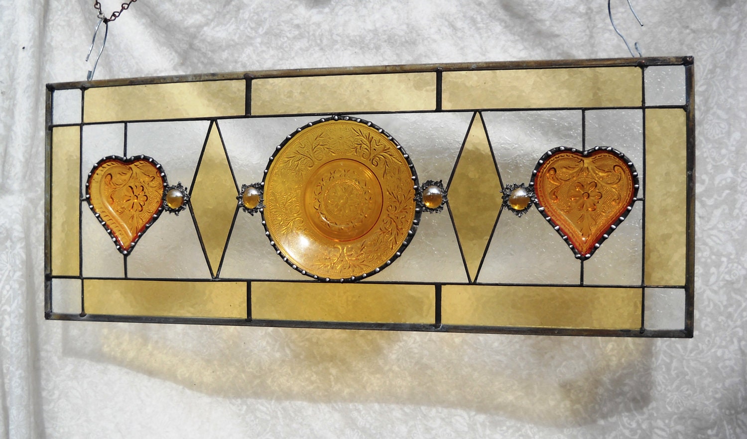 Sandwich Glass Dish and Hearts Stained Glass Panel Vintage Amber Tiara Window Treatment