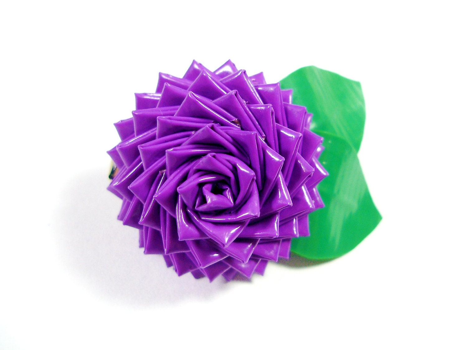 Purple Duct Tape Rose Hair Clip with Green Leaves