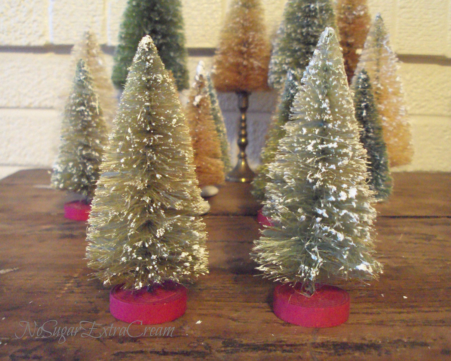 Vintage Inspired Green Bottle Brush Trees Set of Two with Red Checkers Two Green Bottle Brush Trees with Red Checkers