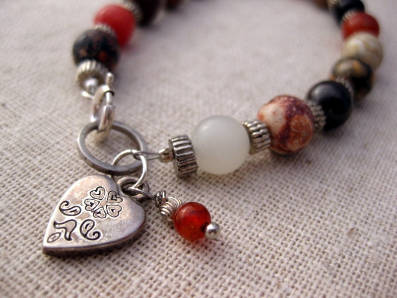 Jasper Bead Bracelet Brown Orange Fall Fashion Silver Heart Charm Stone Bracelet Under 50