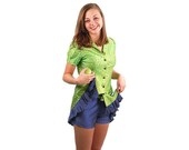 1970s shorts set, polka dot shorts, hearts, baby doll dress, lime green and blue, size M