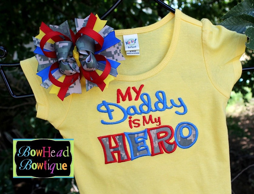 My Daddy is my Hero - Digital Camo Camouflauge Applique Boutique Yellow Shirt or Onesie and Bow Set for Girls