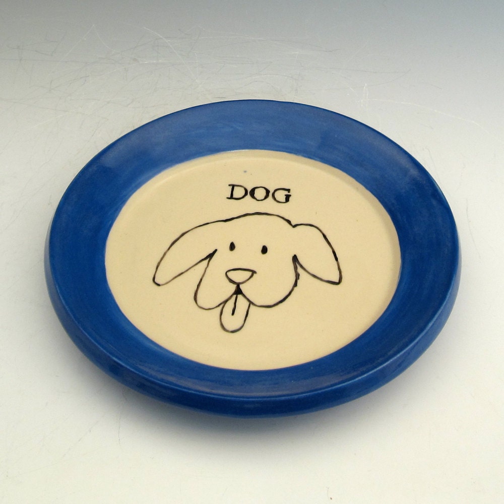 Small Pottery Plate with Dog in Blue