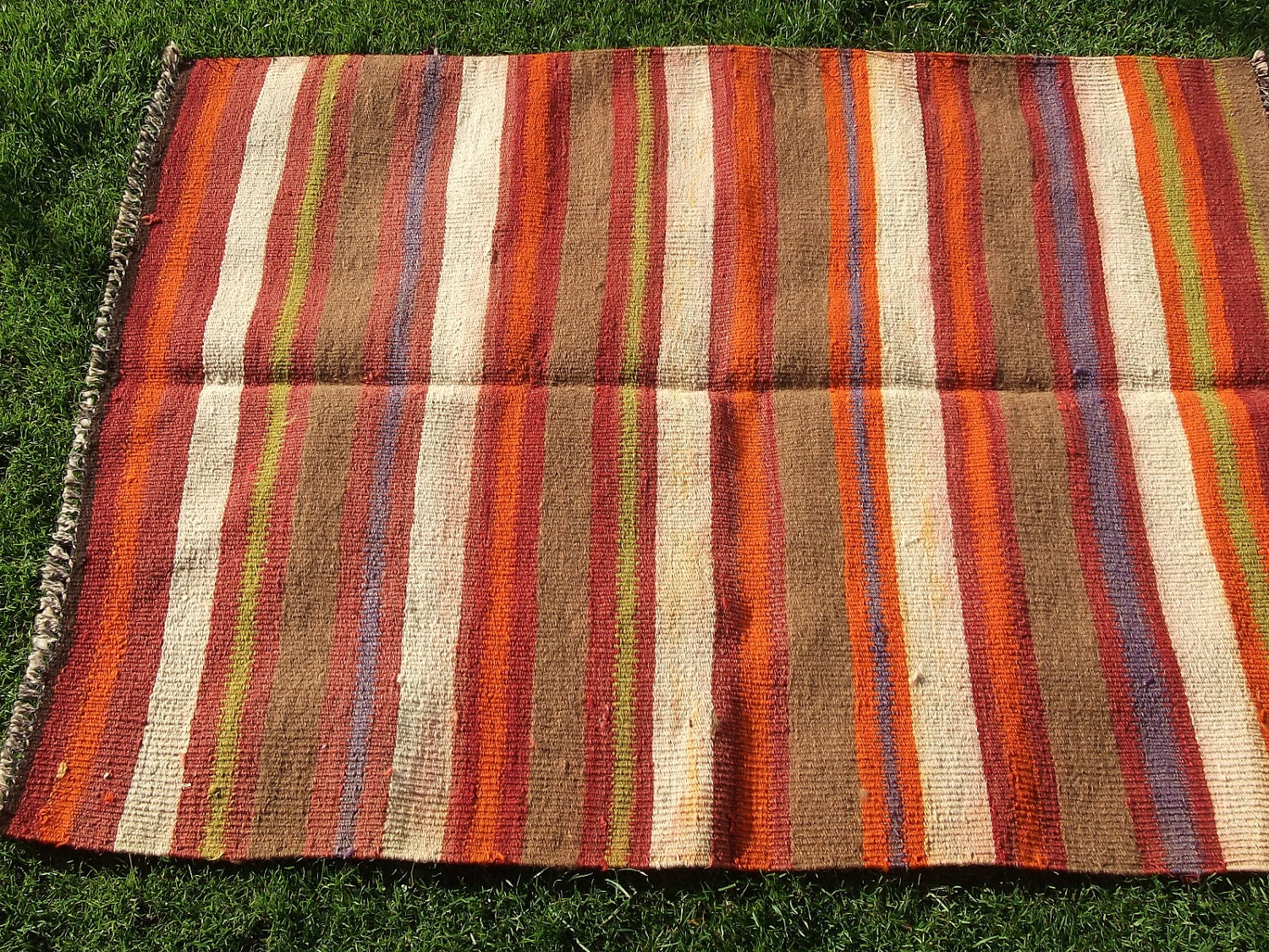 Bright striped 4 x 3 ft. Hand woven Wool Rug/Kilim Carpet from Afghanistan.