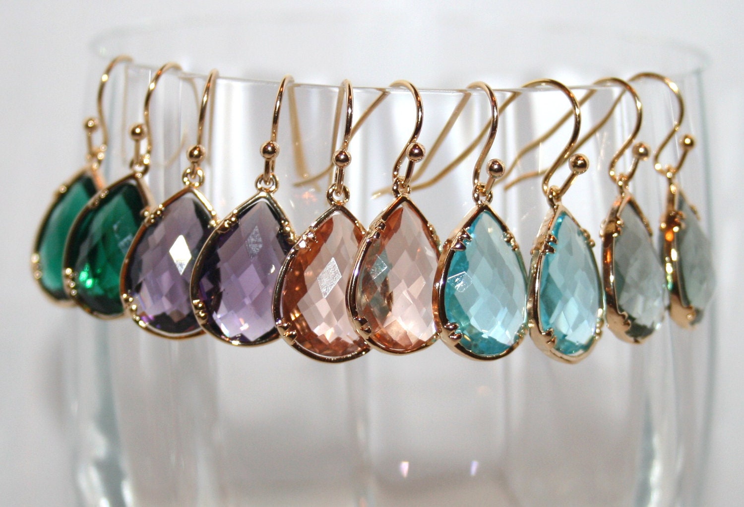 Crystal Teardrop and Gold Earrings, Choose Color, Peach , Aquamarine, Emerald, Amethyst, Glass framed bezel set Drop Earrings