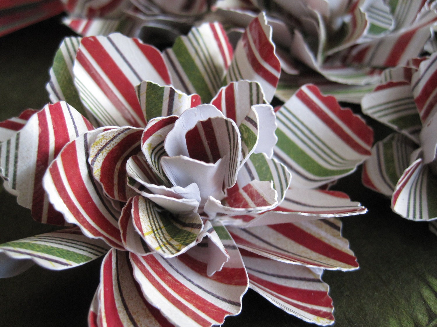 Red and Green Striped, Distressed Paper Flowers - Set of 6