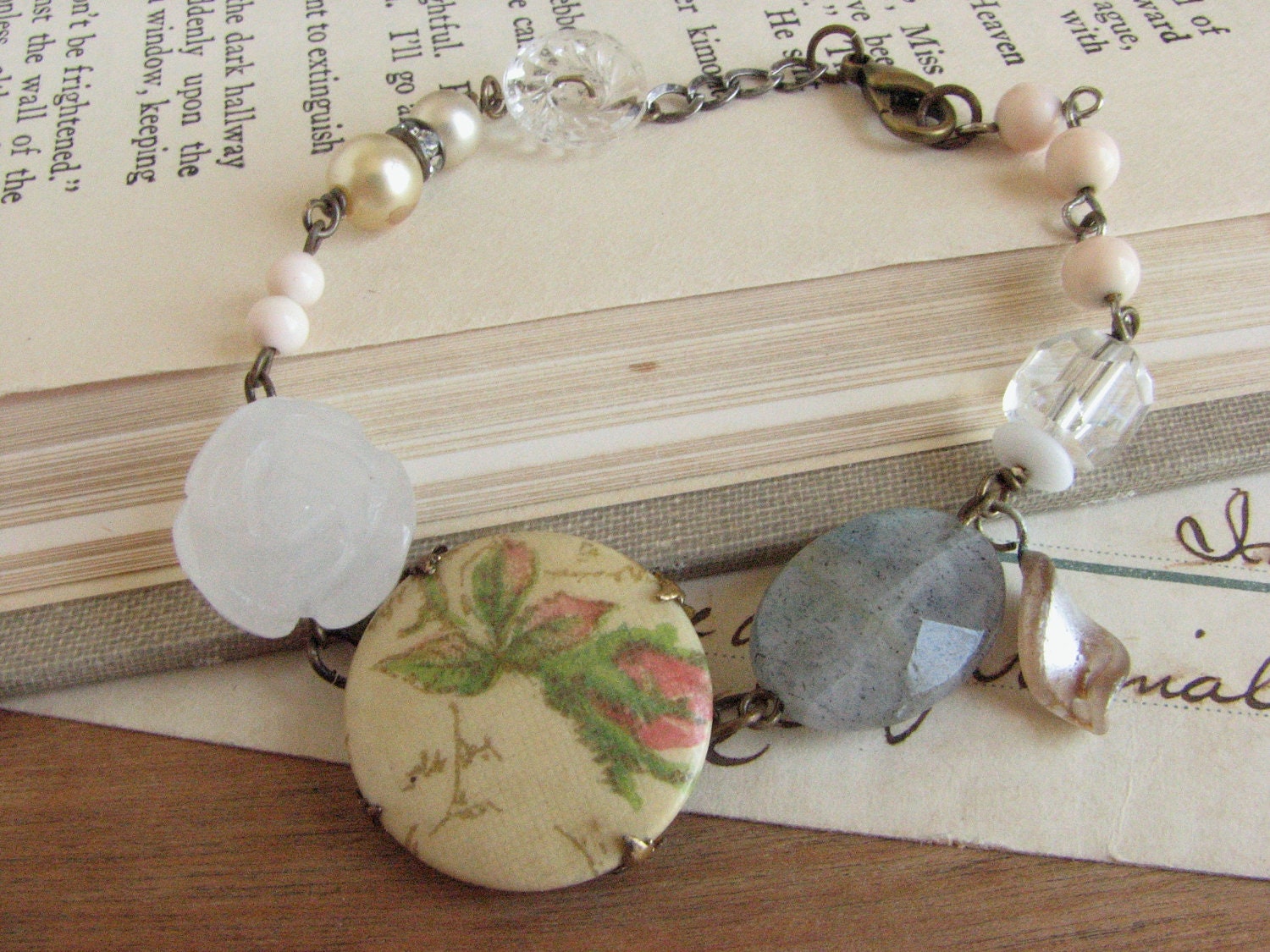 Romantic Pastel Assemblage Bracelet -repurposed vintage pearls and buttons-