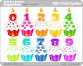 Birthday Number Cupcakes - BUY 2 GET 2 FREE - Digital Clip Art - Personal and Commercial Use - birthday party, age, numbers, cup cakes