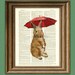 Rainy Day Rabbit. Cute Bunny Rabbit illustration beautifully upcycled dictionary page book art print