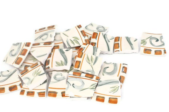 Broken China Mosaic Tiles - Green Swirls - Recycled Plates - Brown Trim - 20 Large Pieces