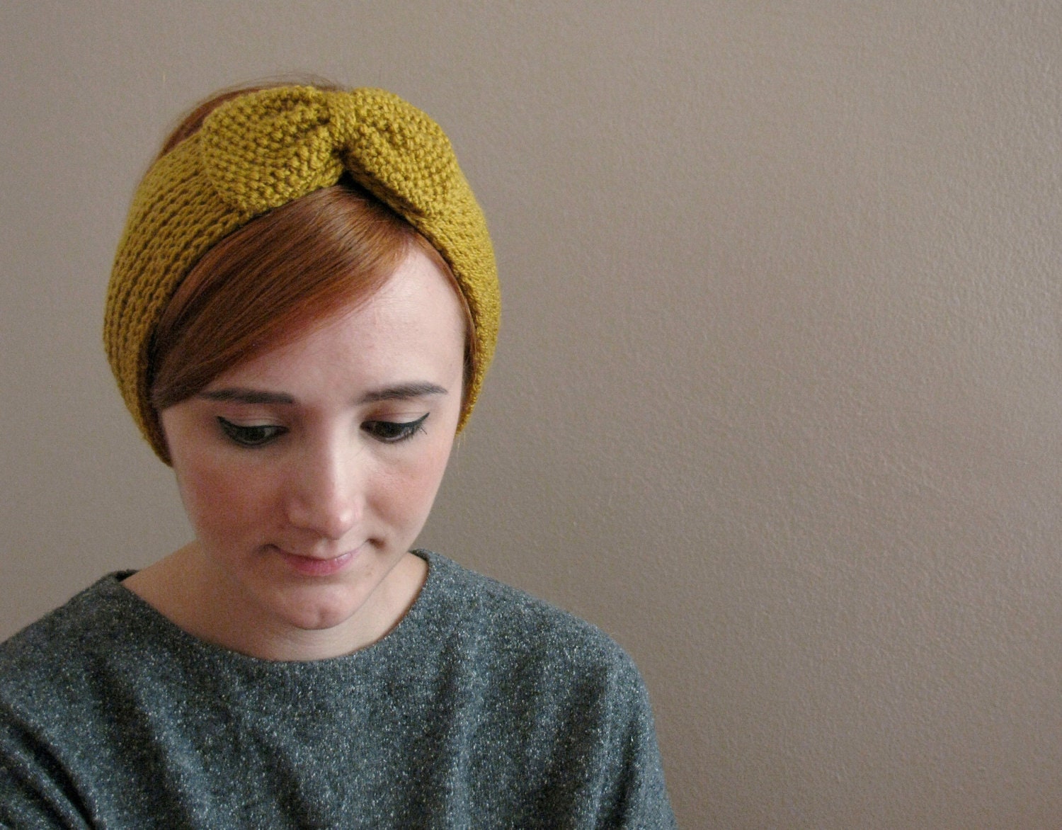 Mustard Bow Knitted Headband - KokoshKnitting