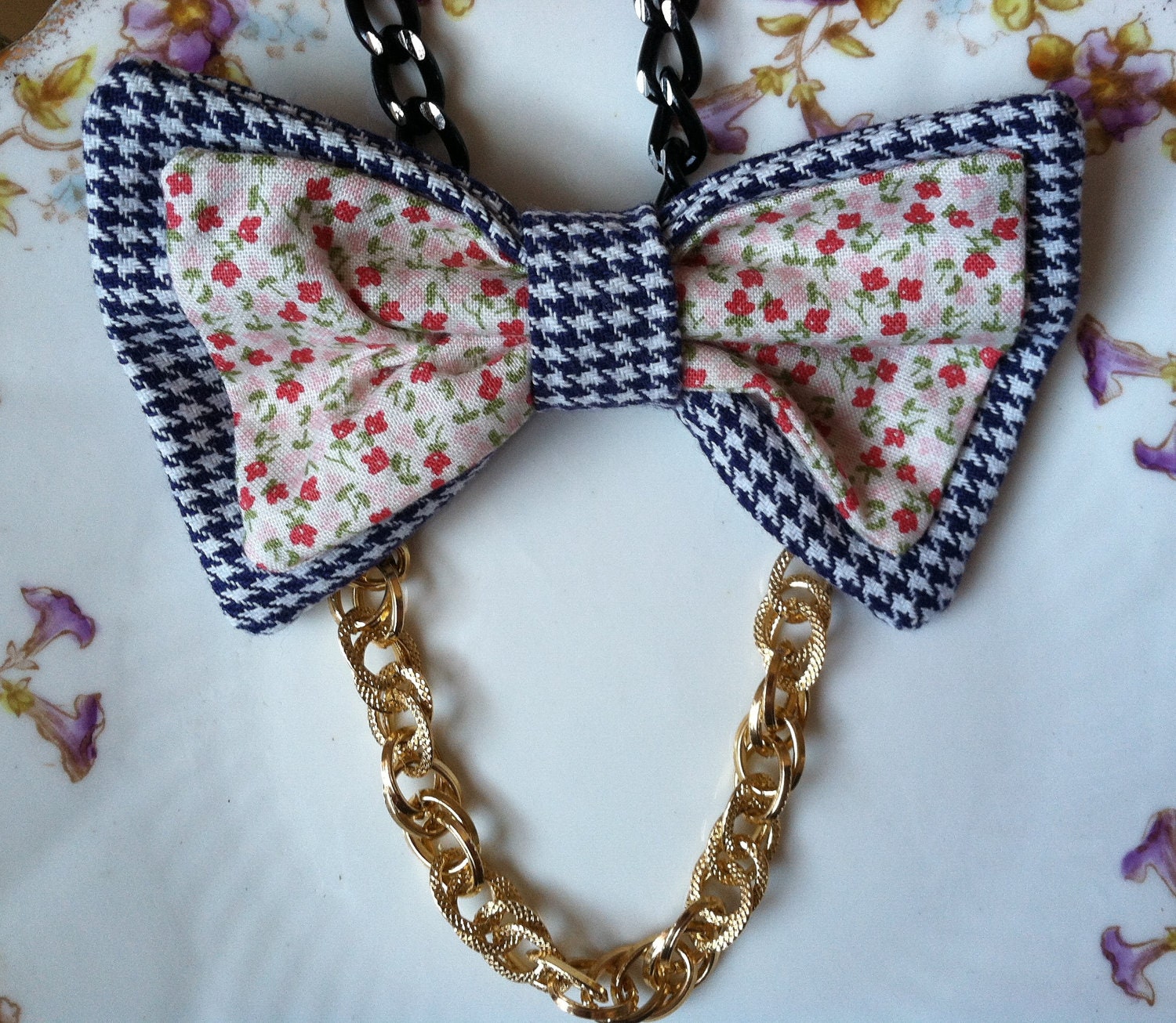 Purple Houndstooth and Red Pink Floral Print Bow Tie Necklace