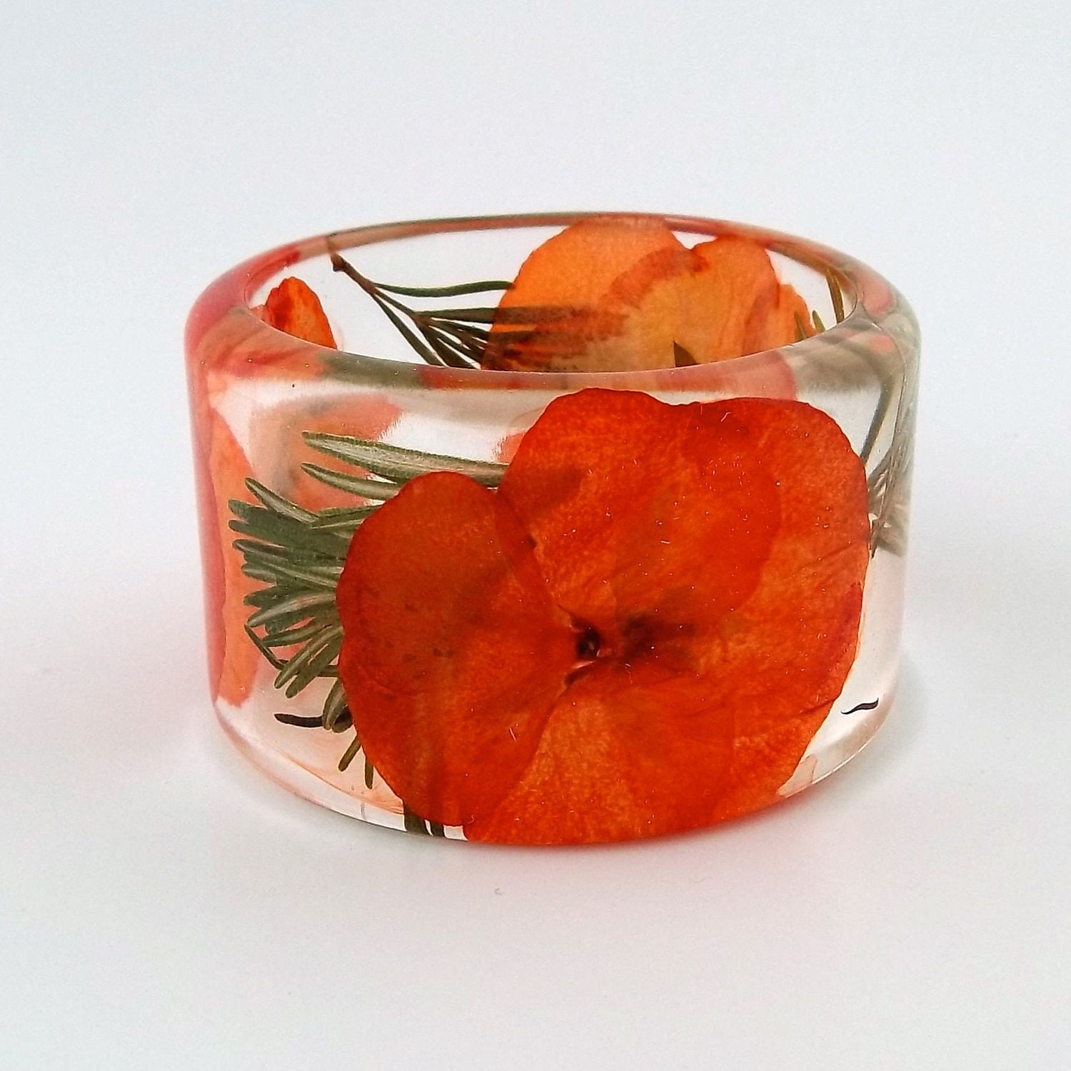 Rosemary and Hydrangea Botanical Resin Bangle.  Autumn Chunky Bangle with Pressed Flowers.  Orange and Green Real Flowers and Herbs
