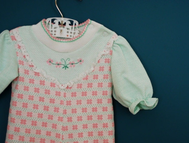 Vintage Baby Girl's Pink and Mint Green Jumpsuit- Size 3 Months - SweetShopVintage